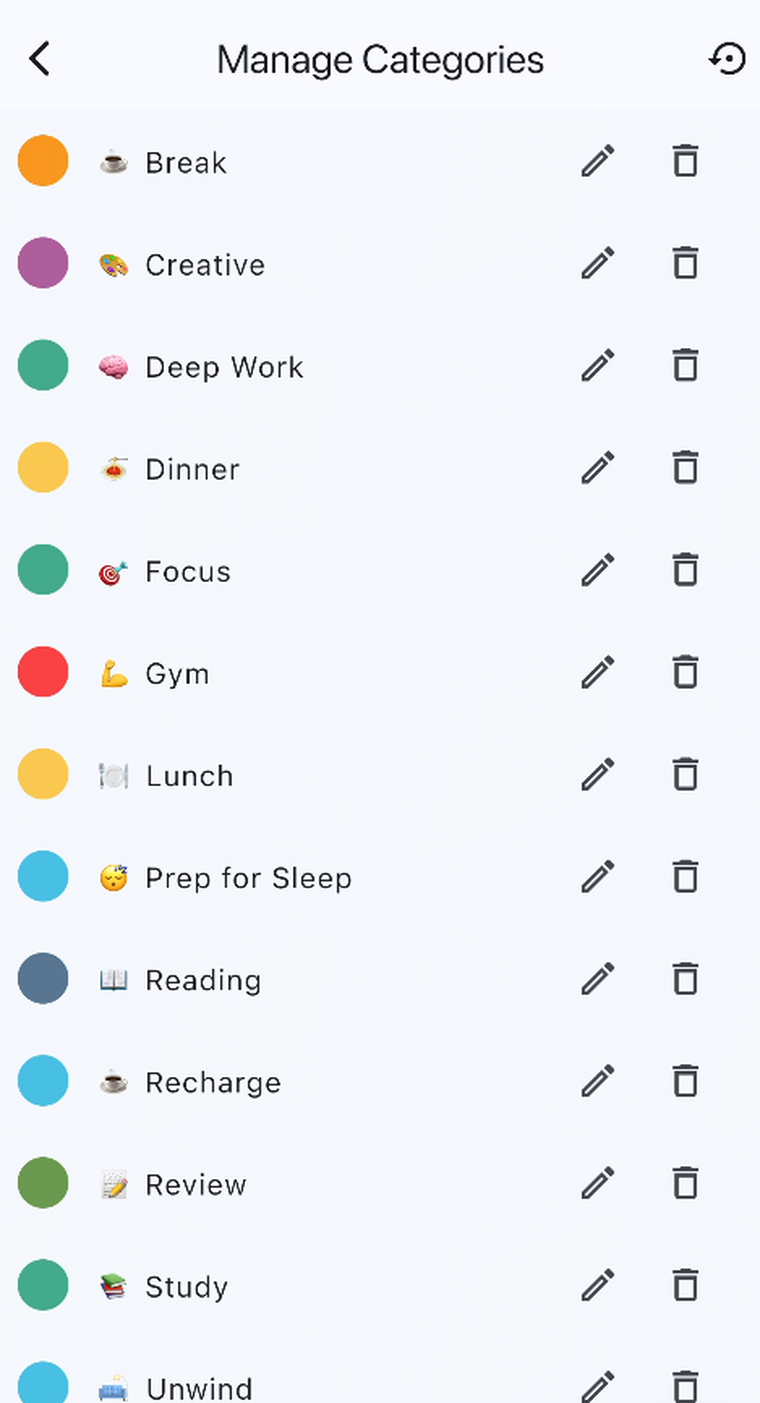 The Manage Categories screen in SliceFocus, listing color-and-emoji categories like Break, Creative, Deep Work, Focus, Gym, and Study, each with edit and delete controls.