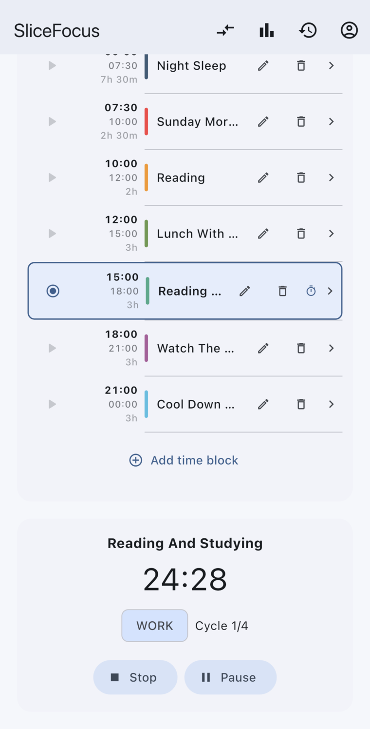 A SliceFocus focus session: the Reading and Studying block with a 24:28 Pomodoro countdown, a WORK label, cycle 1 of 4, and Stop and Pause controls.
