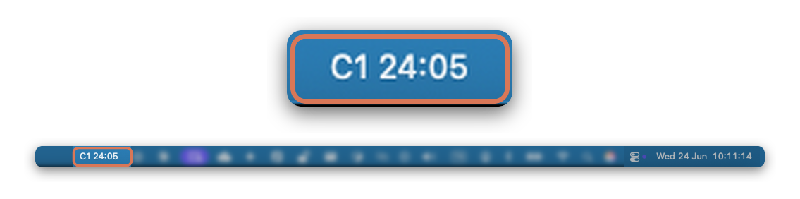 The SliceFocus Pomodoro timer “C1 24:05” shown enlarged — cycle 1, 24 minutes 5 seconds left — above the macOS menu bar where it lives, beside the system clock.